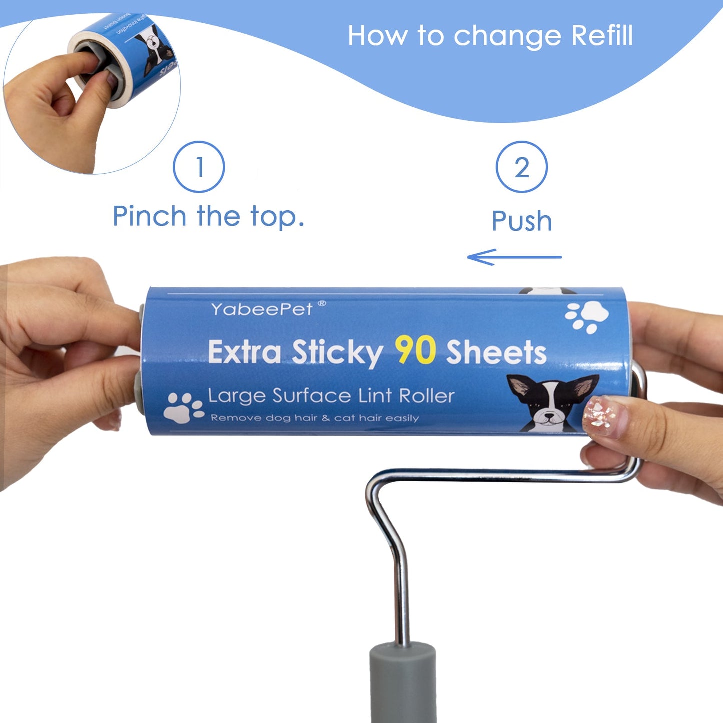 Yabeepet Extreme Sticky Large Surface Lint Roller, Long Handle Pet Hair Remover, Designed for Removing Pet Dog Cat Hair 90 Sheets per Roll, 6.3 inch Width(1 Roller+4 Refills)