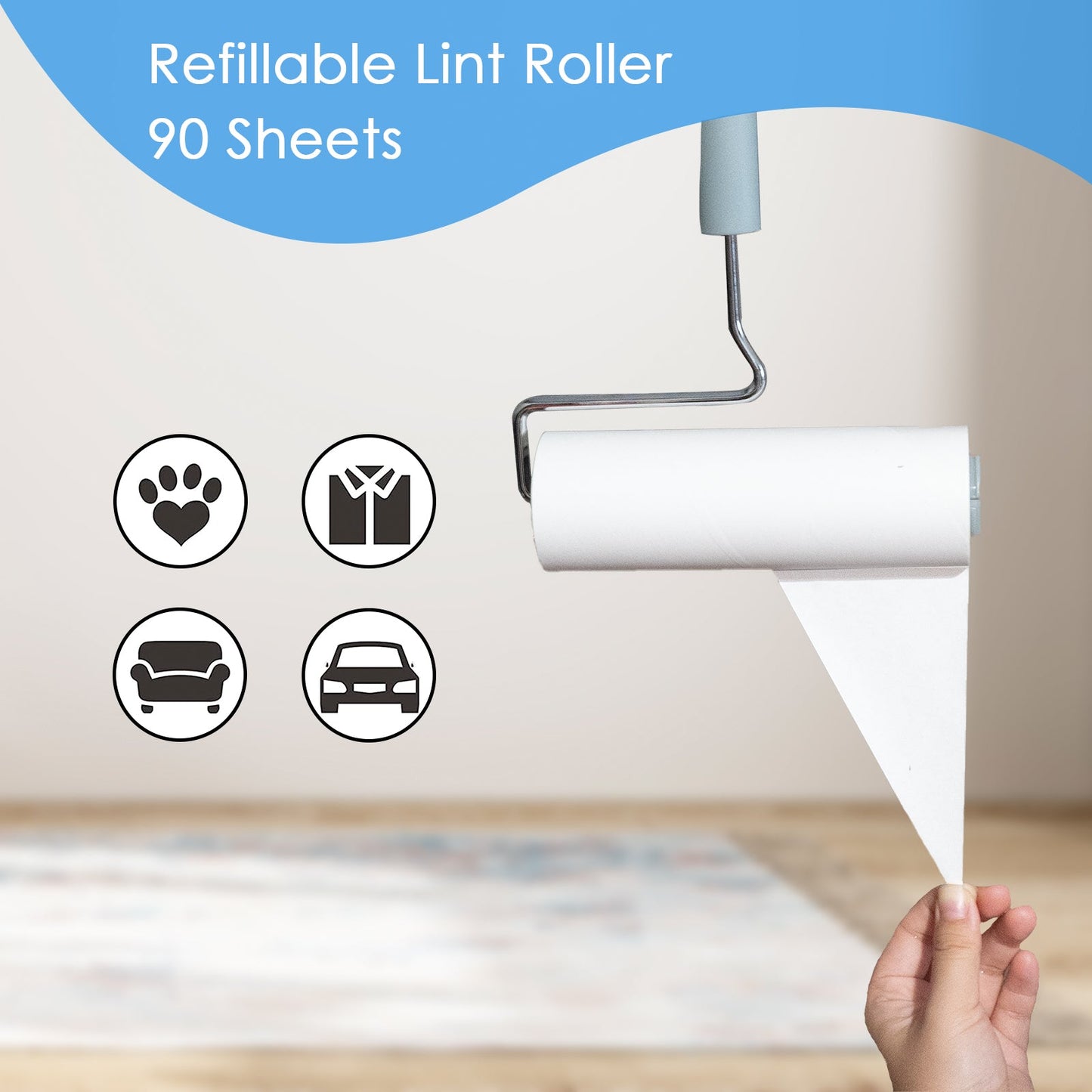 Yabeepet Extreme Sticky Large Surface Lint Roller, Long Handle Pet Hair Remover, Designed for Removing Pet Dog Cat Hair 90 Sheets per Roll, 6.3 inch Width(1 Roller+4 Refills)