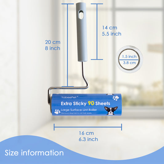 Yabeepet Extreme Sticky Large Surface Lint Roller, Long Handle Pet Hair Remover, Designed for Removing Pet Dog Cat Hair 90 Sheets per Roll, 6.3 inch Width(1 Roller+2 Refills)