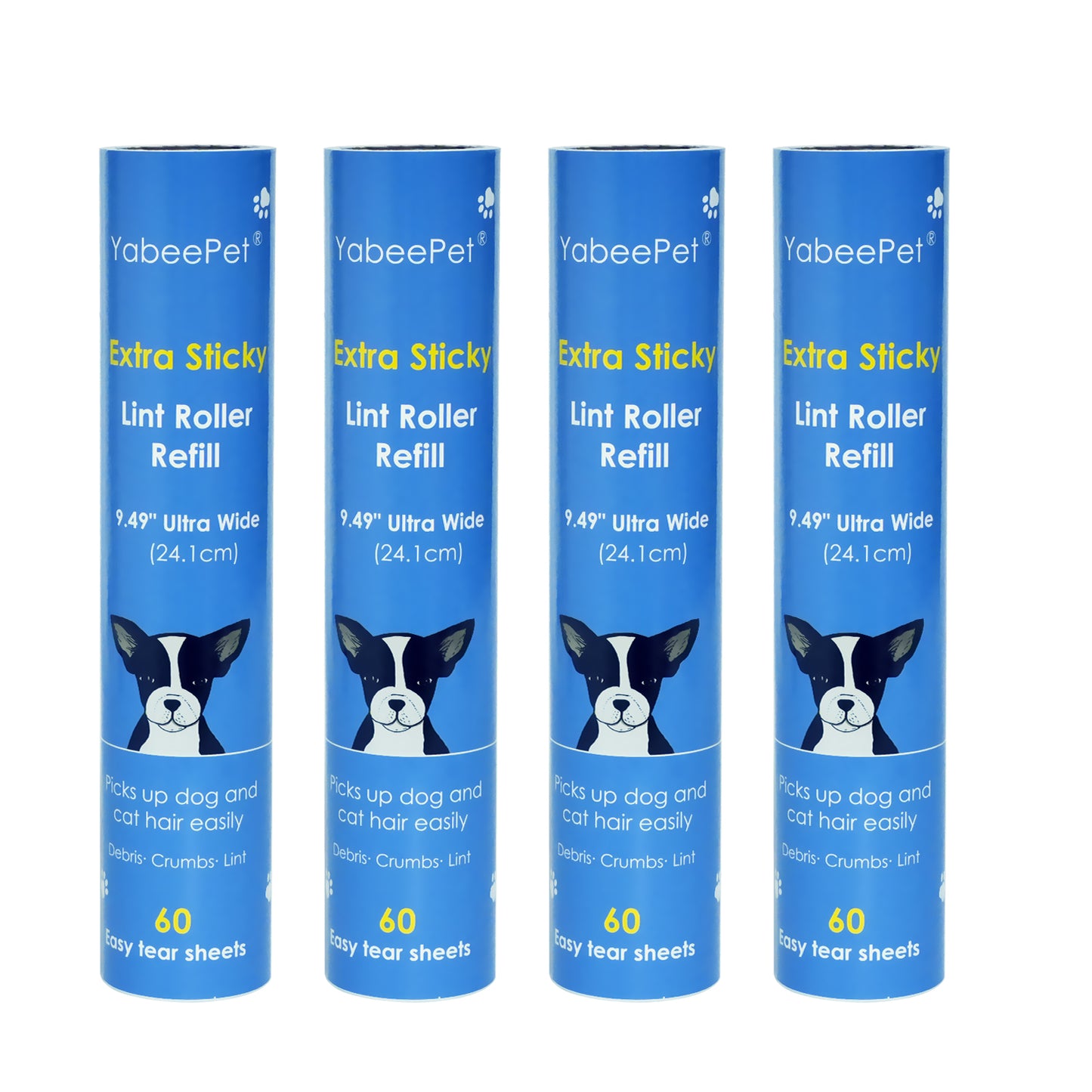 9.49'' Extra Sticky Large Lint Roller Refills, 4-Pack Giant Roller Refills for Carpets, Couch, Floor, Clothing, and Pet Hair Cleaning, 60 Sheets per Roll (240 Sheets Total)