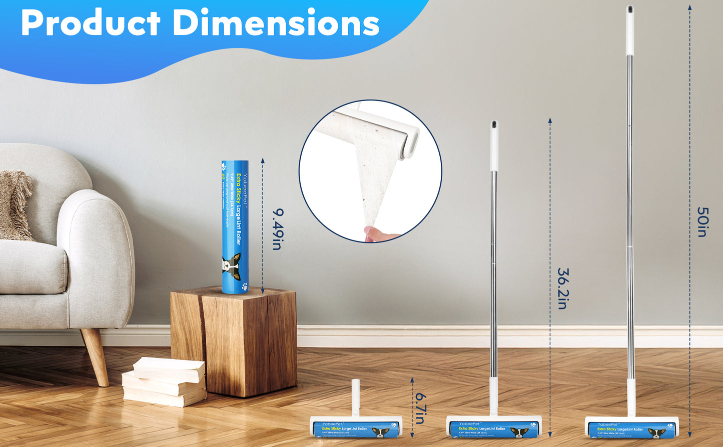 9.49'' Large Lint Rollers for Carpet and Floor, Extra Sticky Giant Rollers with 50'' Long Handle for Carpets, Couch, Floor, Clothing, and Pet Hair Cleaning(1 Pack Floor Roller)